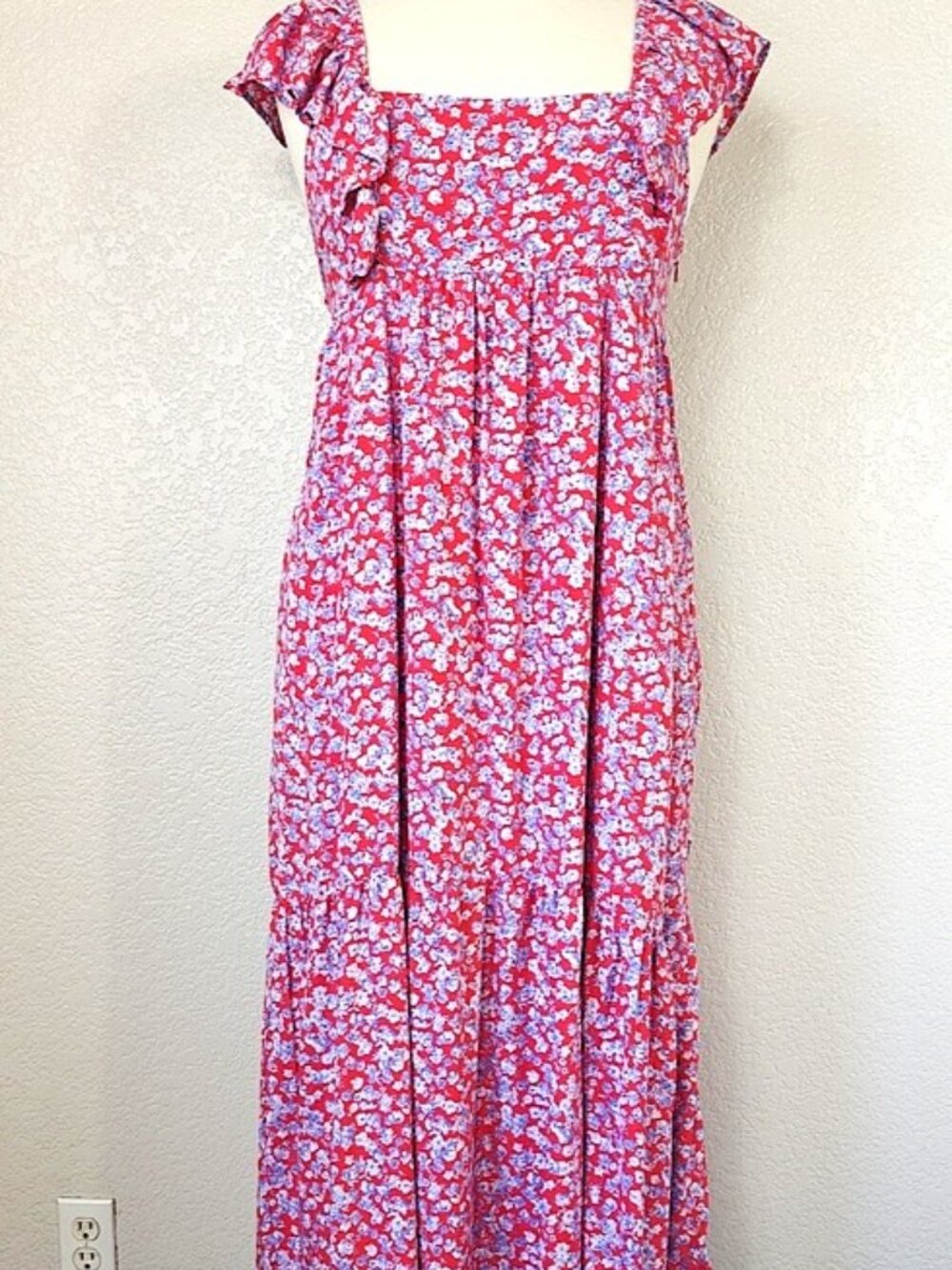 Zara XL Maxi Sundress Red & Blue Floral Flutter Sleeves Tiered Square Neckline